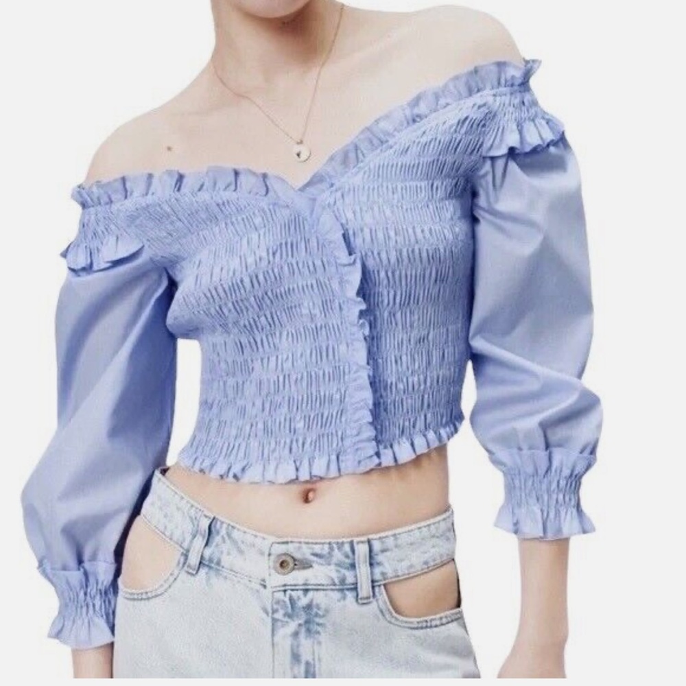 Zara Blue Puff Sleeve Elastic Trim Crop Top